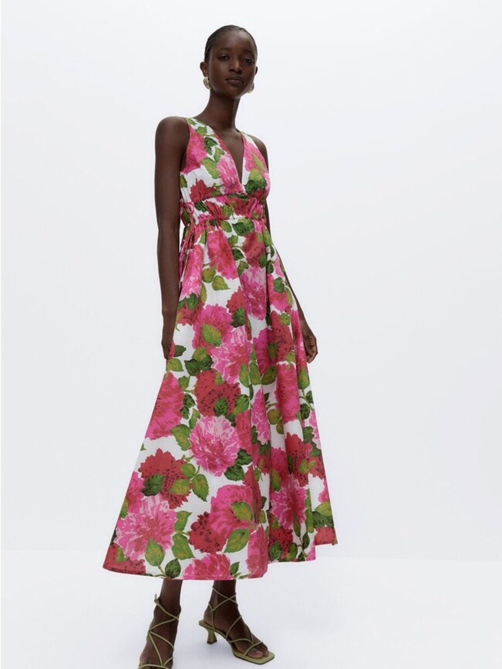 Uterqüe Pink and Green Floral V-Neck Maxi Dress